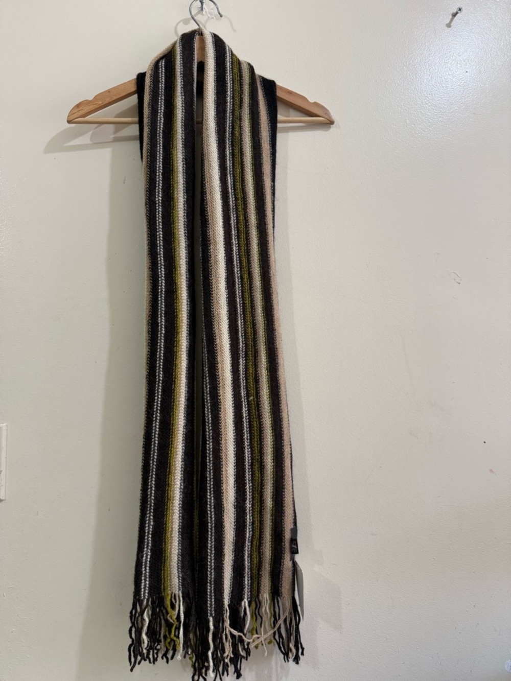 Tumi Striped Long Fringe Scarf in Black, Cream, Olive